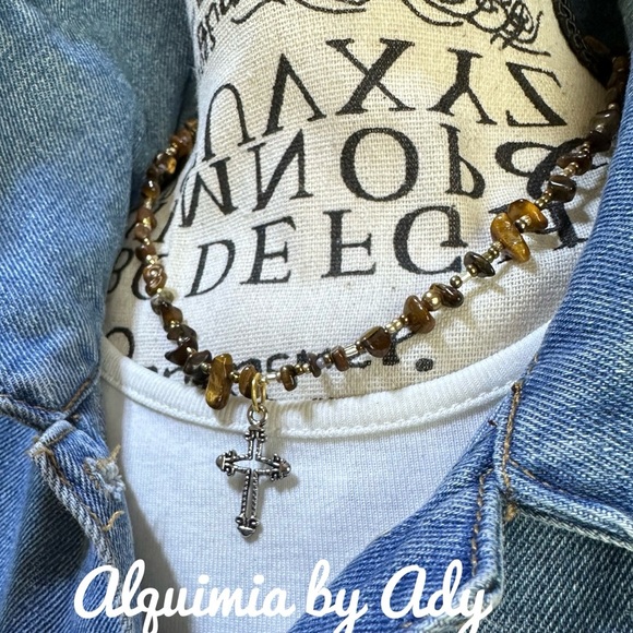 Alquimia by Ady Beaded Necklace with Cross Pendant tiger’s eye - Picture 1 of 3